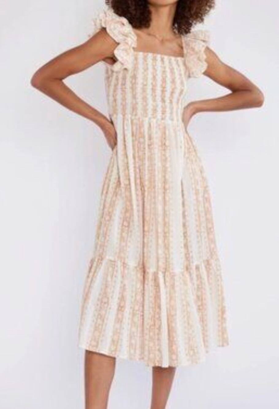 MILLE Resort Tuckernuck Olympia Smocked Ruffle Midi Dress Floral Print Beige XS